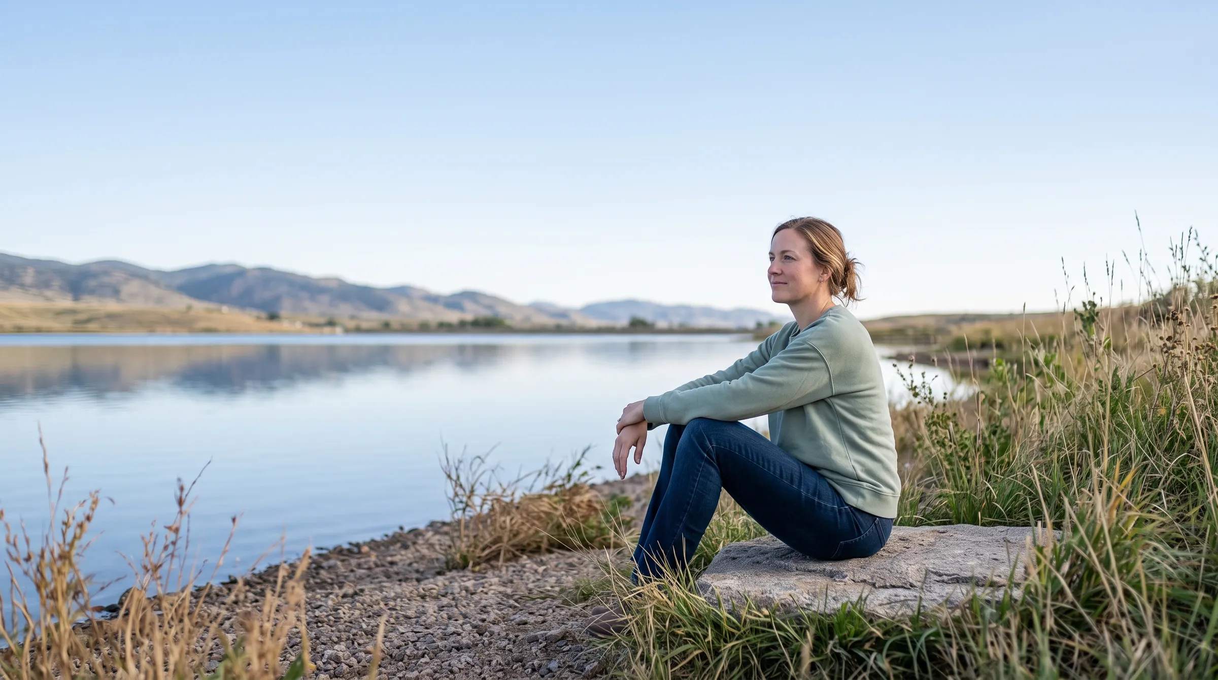 A woman in a sage-green sweater seated on a low rock at the edge of a still Front Range reservoir, looking out over the water.