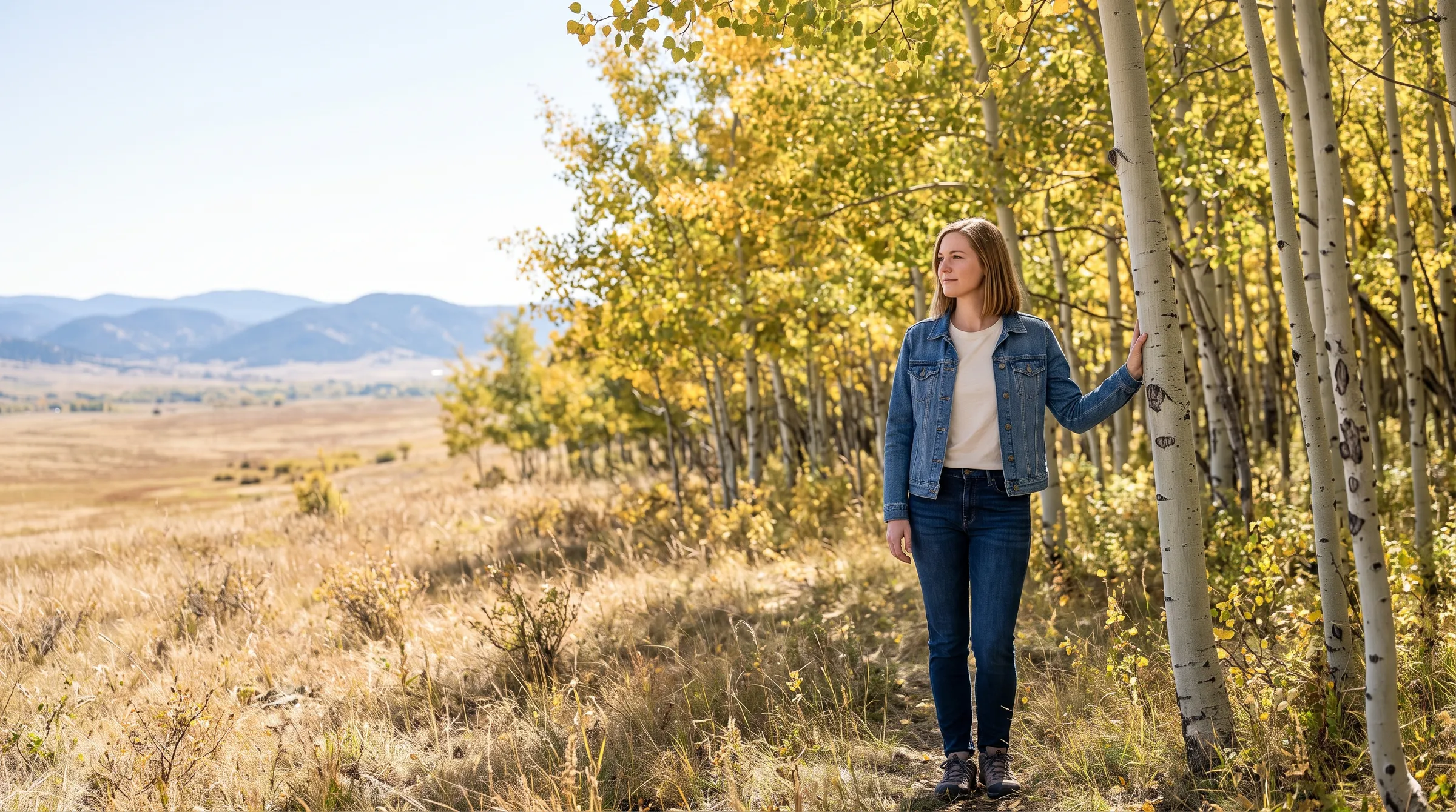 A woman in a denim jacket standing at the edge of a golden aspen grove, one hand resting on a white trunk, looking out across a dry grass meadow toward low Front Range foothills.