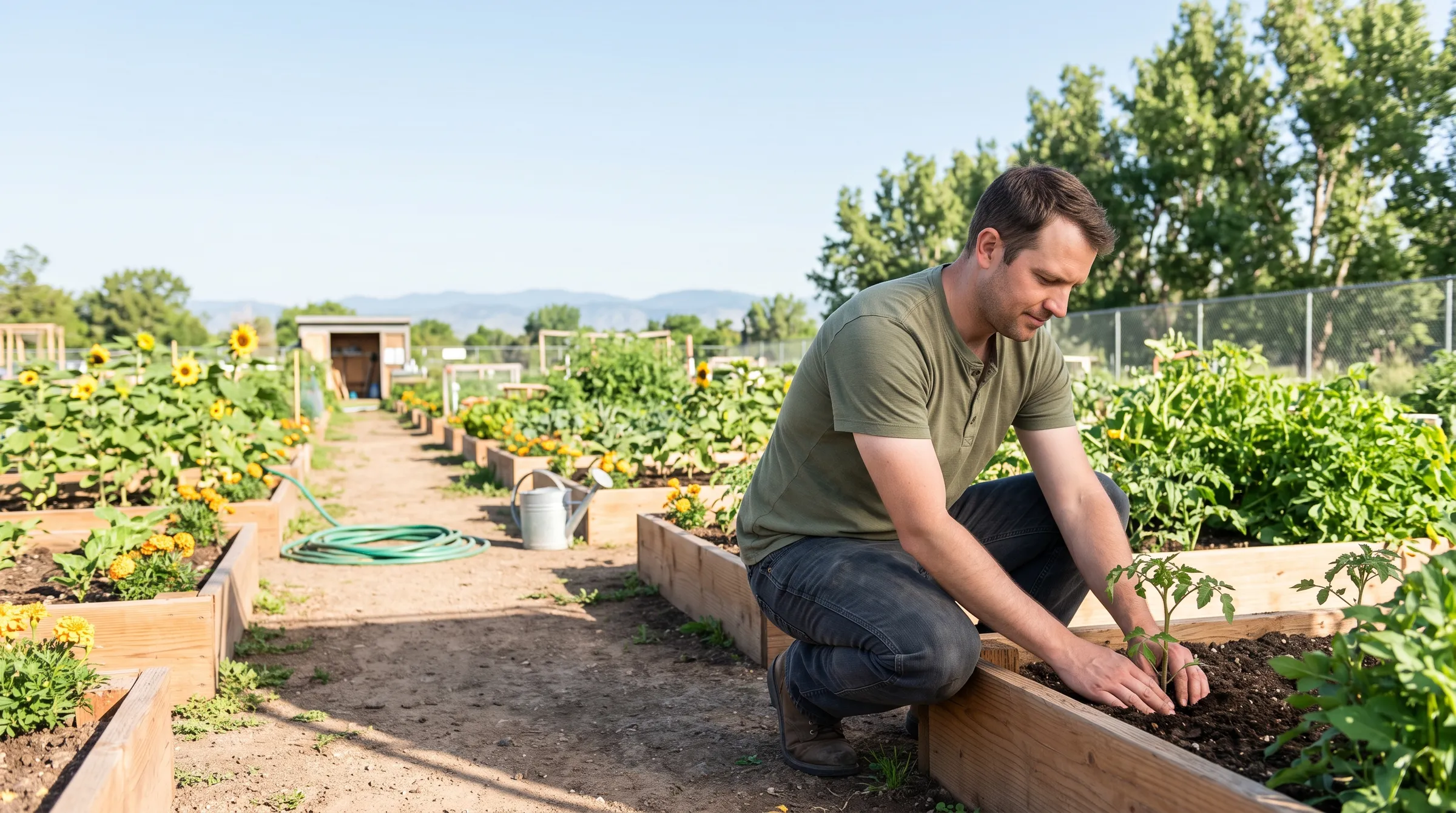 A man in an olive henley kneeling at a raised cedar bed in a Northern Colorado community garden, both hands settling a tomato seedling into the soil, with rows of sunflowers, a galvanized watering can and the Front Range foothills beyond him.
