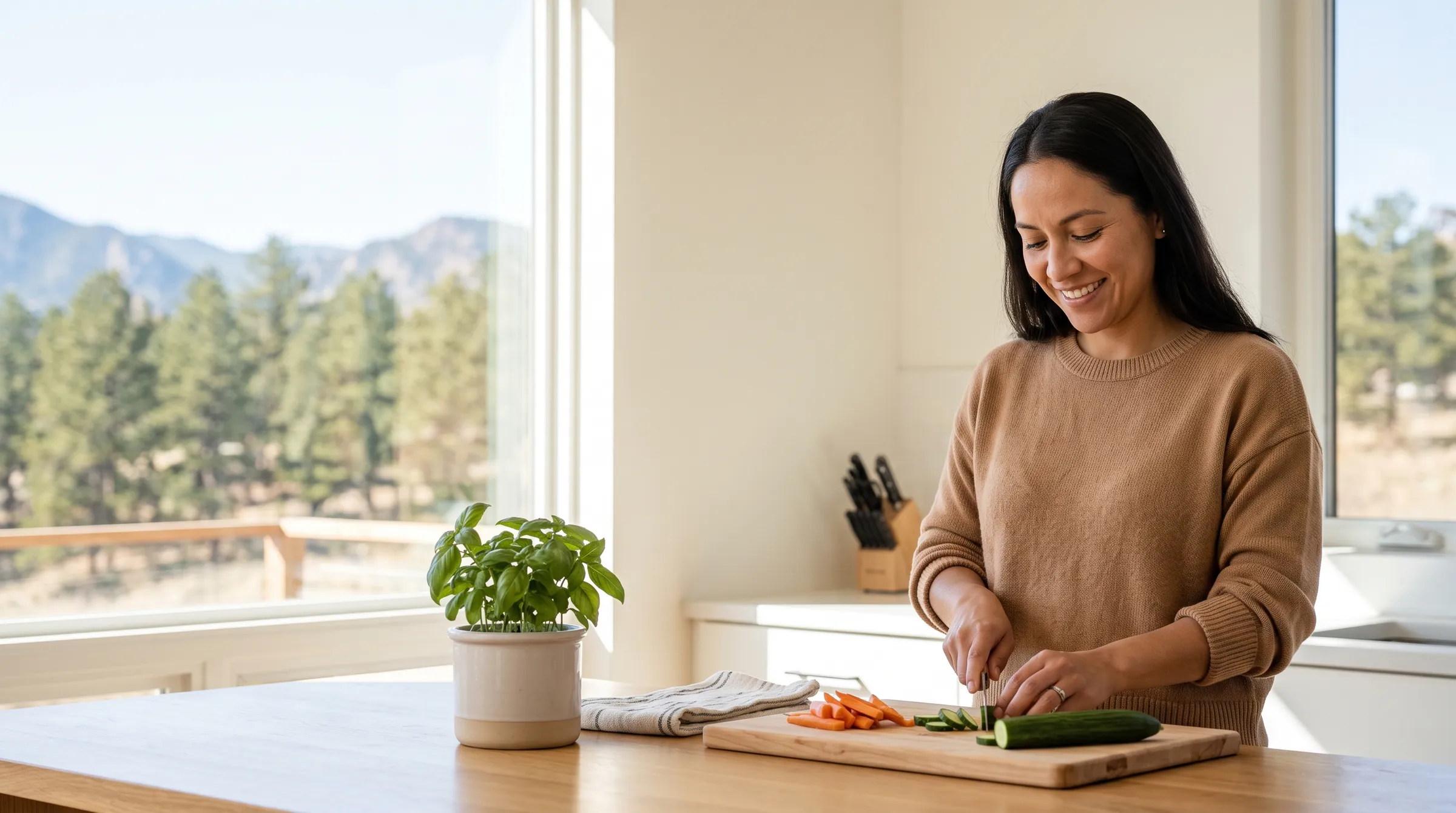 A woman preparing vegetables at a sunlit kitchen counter at home, with Colorado foothills and pines through the window.