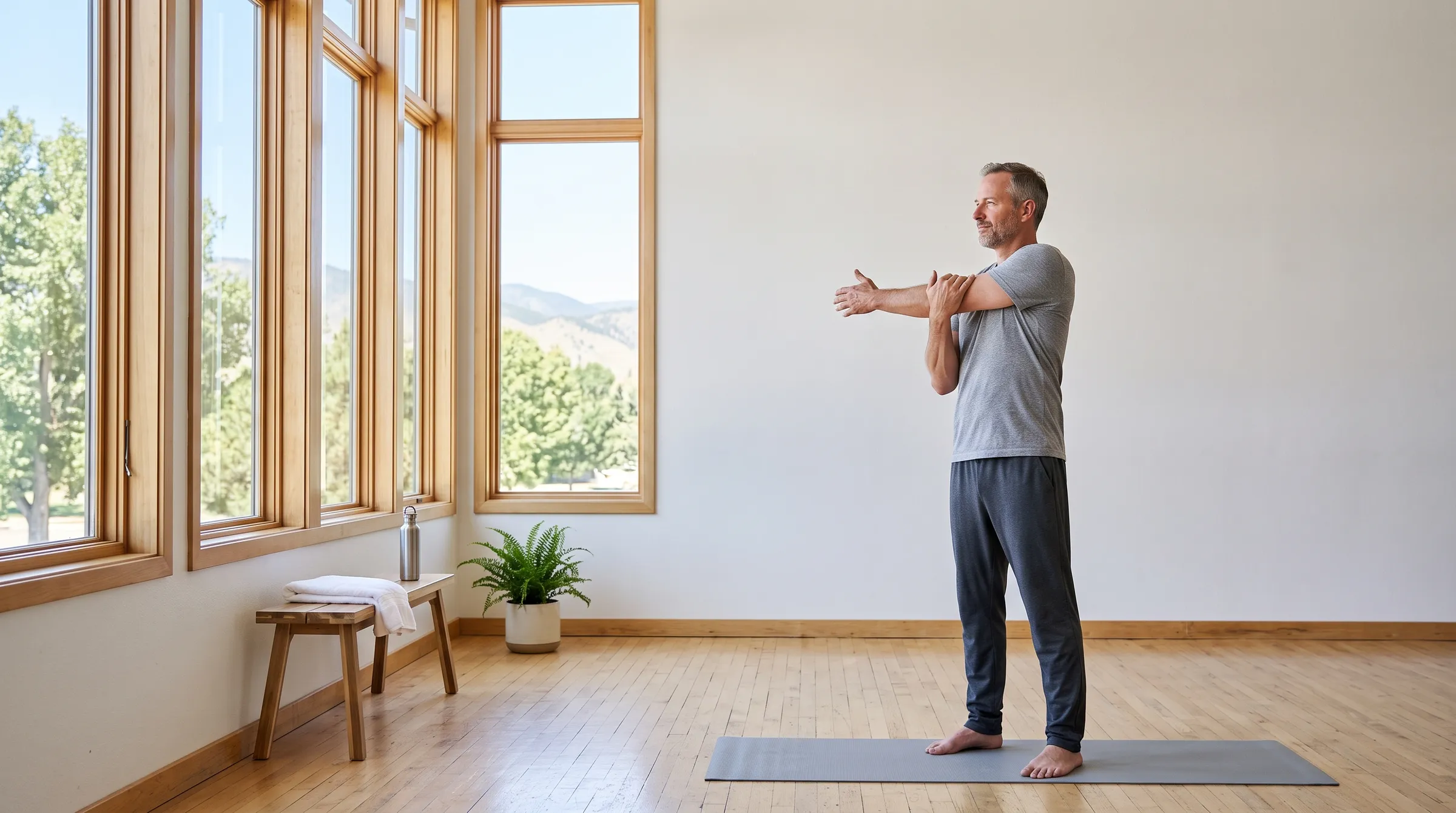 A man in his fifties mid shoulder-stretch on a mat in a sunlit movement room, tall windows looking out to green trees and the Front Range foothills.