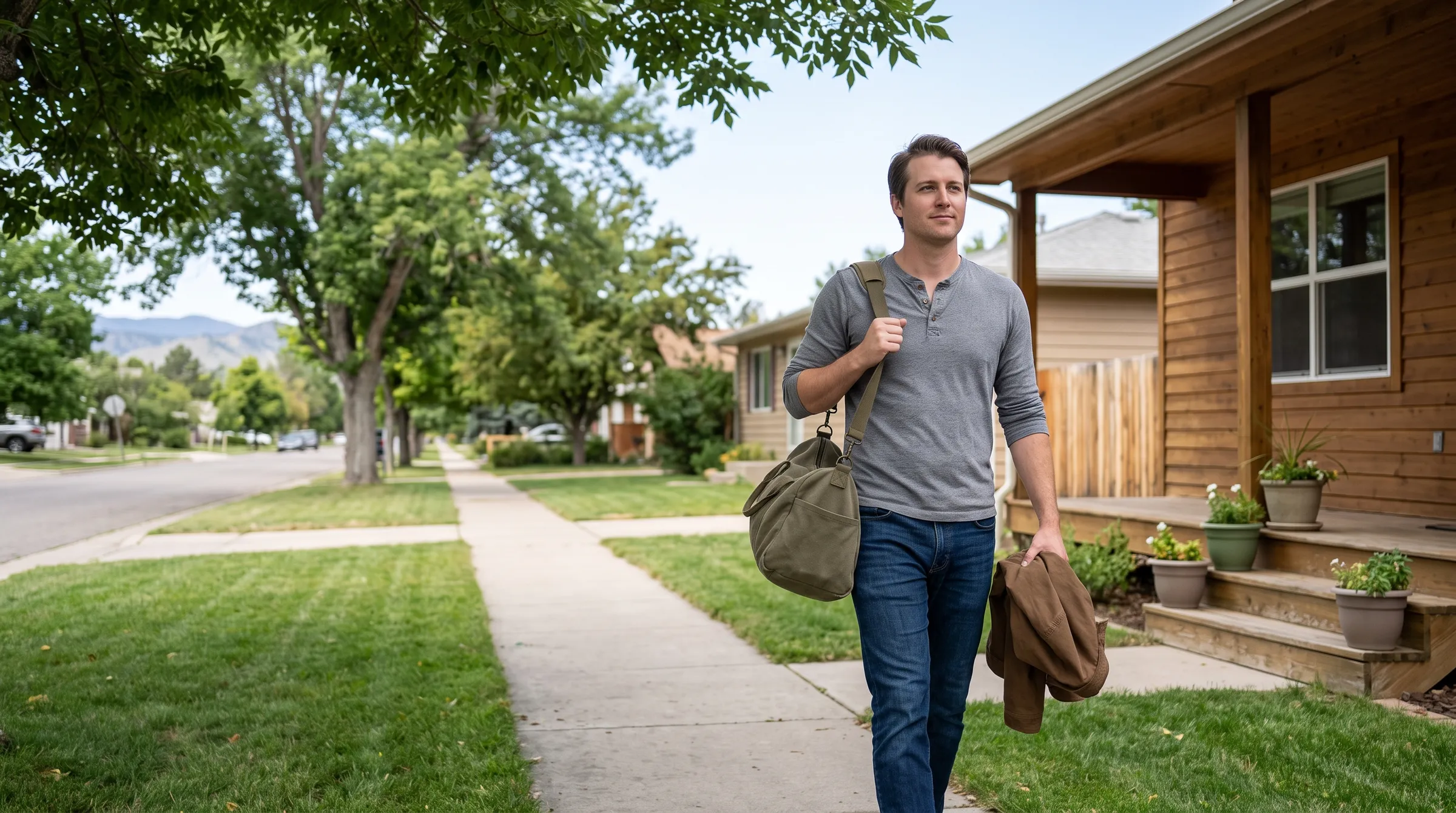 A man walking along the sidewalk past a porch on a tree-lined Colorado street, a canvas duffel bag over one shoulder and a jacket in his hand, foothills in the distance.