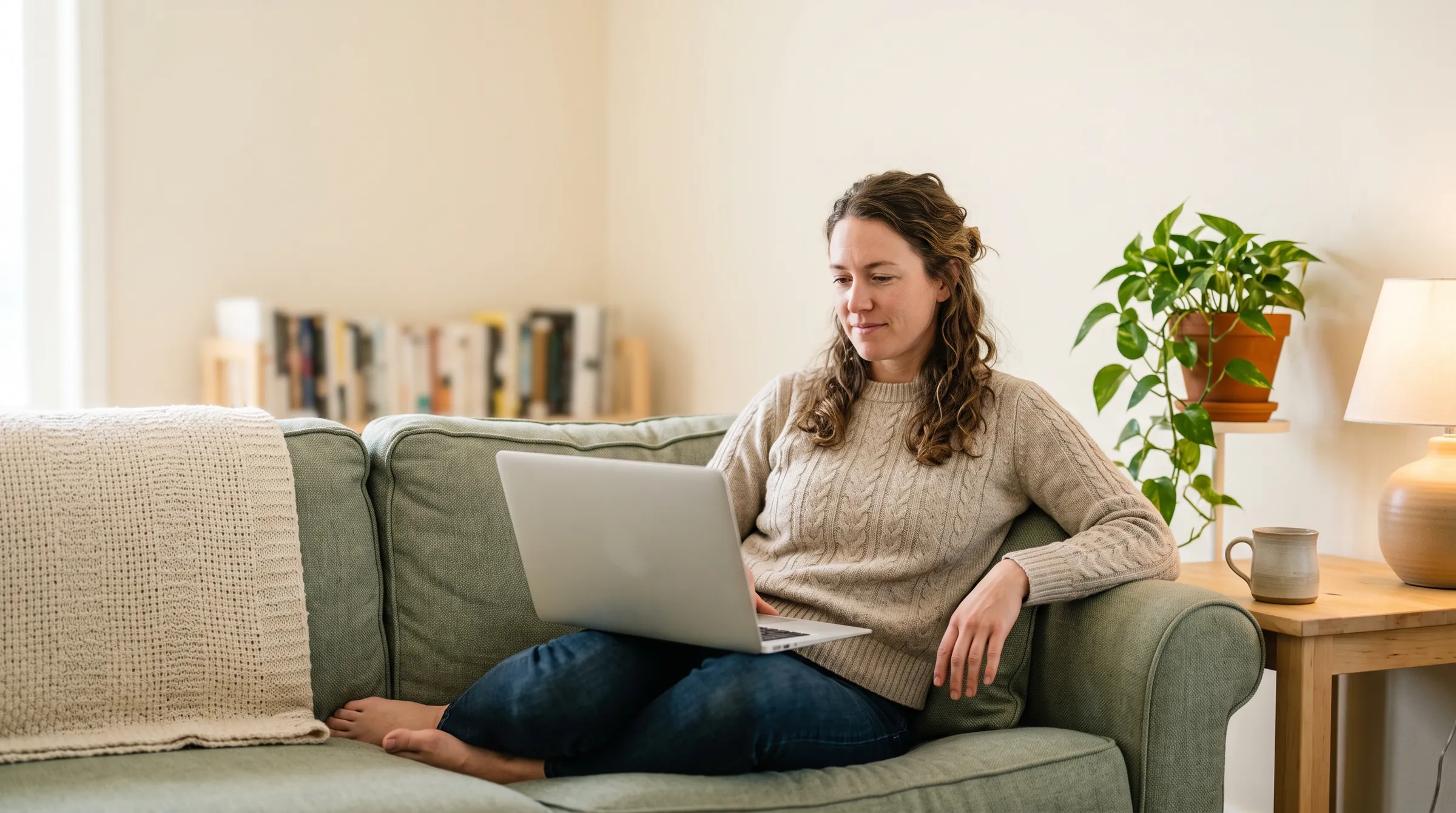 A woman on a sofa in a warm, lamp-lit living room, an open laptop on her knees and a mug on the side table beside her.