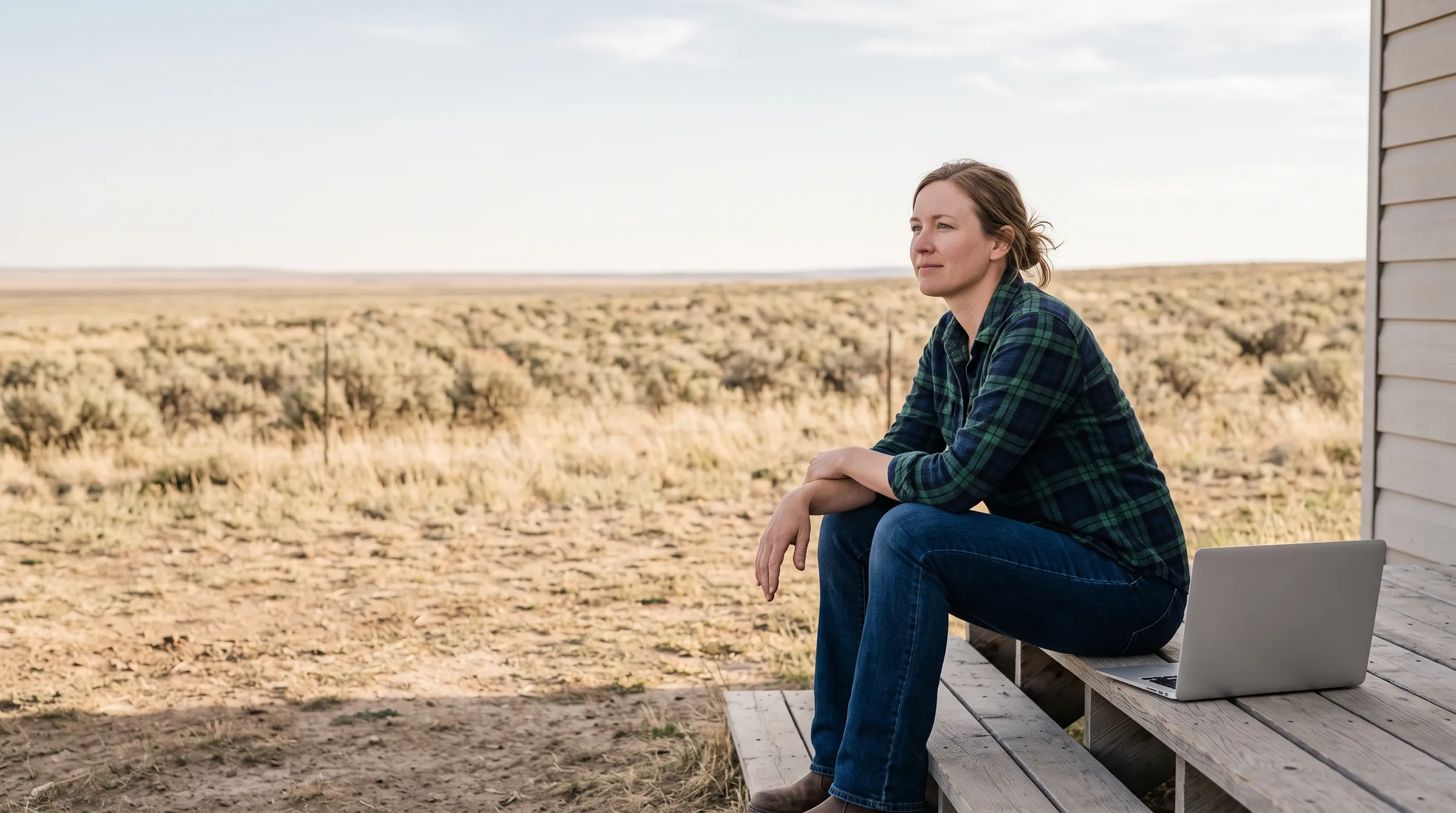 A woman in a plaid flannel shirt sitting on the wooden steps of a house, an open laptop on the boards beside her, looking out over open sagebrush plains that run flat to the horizon.