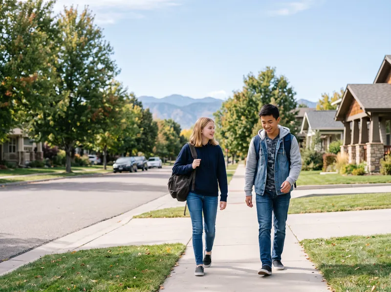 Two teenagers walking home along a tree-lined sidewalk with backpacks, foothills in the distance.