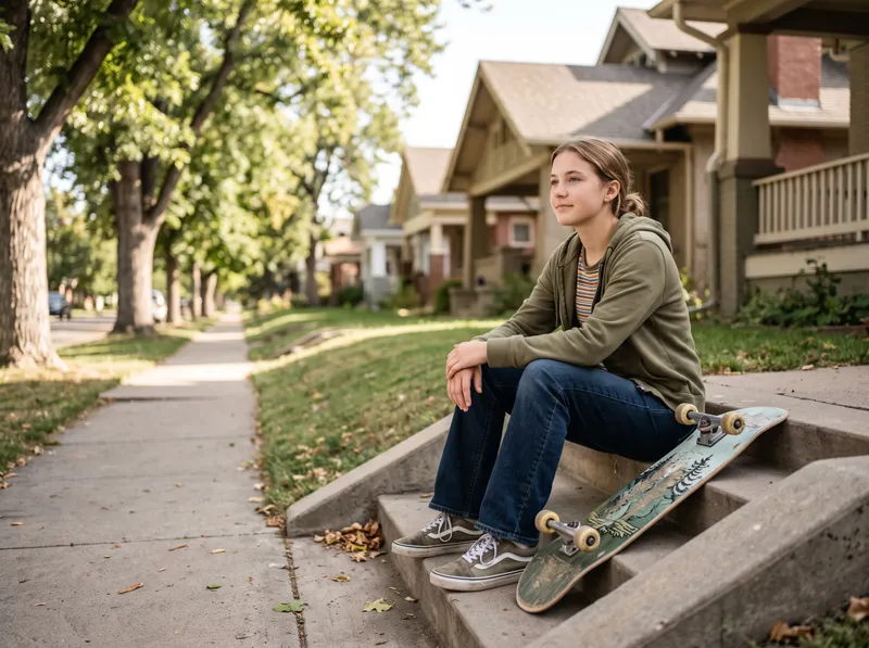 A teenager sitting on the front steps of a house with a skateboard beside her.