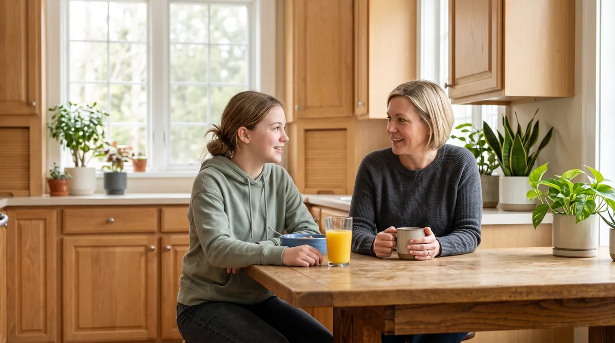 A woman and her teenage daughter talking across a wooden kitchen table over cereal and orange juice, houseplants on the sill behind them.