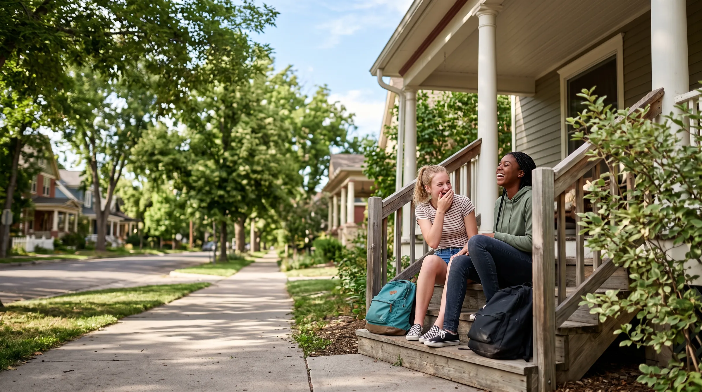 Two teenagers laughing together on the wooden front steps of a house, school backpacks on the step beside them, a tree-lined street behind.