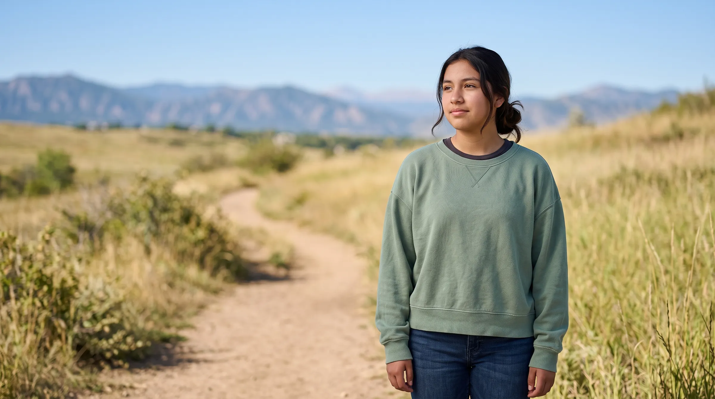 A teenager standing on an open trail through dry grassland, a mountain ridge in the distance behind her.