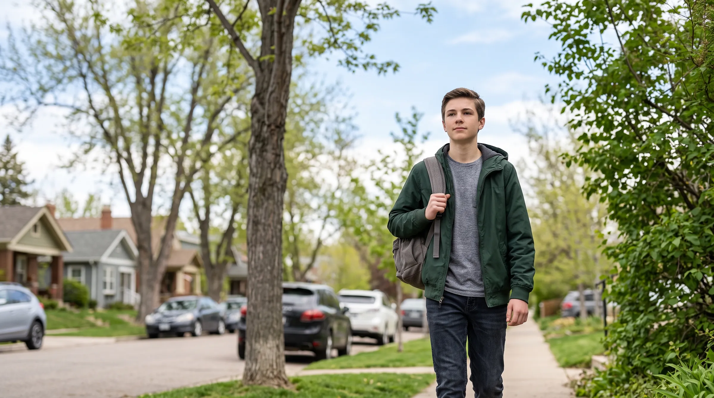 A teenage boy in a green jacket with a backpack walking toward the camera along a tree-lined residential sidewalk, parked cars and houses behind him.